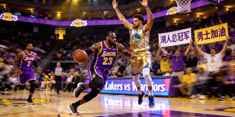 NBA季后赛湖人队对阵勇士队的激烈比赛现场画面