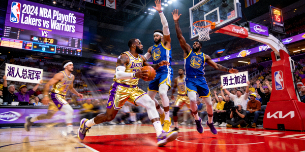 NBA季后赛湖人队对阵勇士队的激烈比赛现场画面