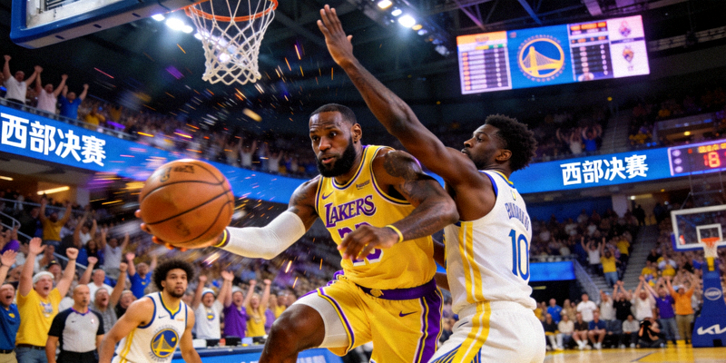 NBA西部决赛湖人队对阵勇士队的激烈比赛场景，詹姆斯持球突破